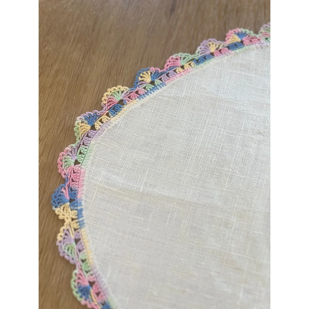 Vintage Linen Doilies Set of 3 Pastel Rainbow Crochet Lace Trim Scalloped Edge